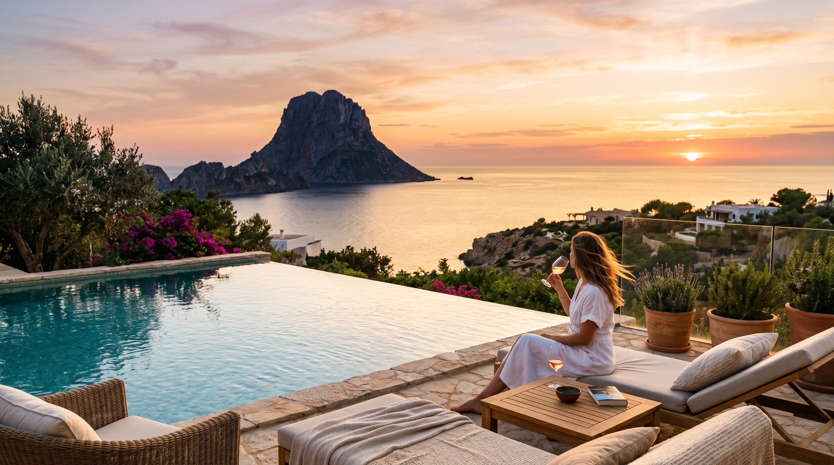 Piscina al atardecer en Ibiza